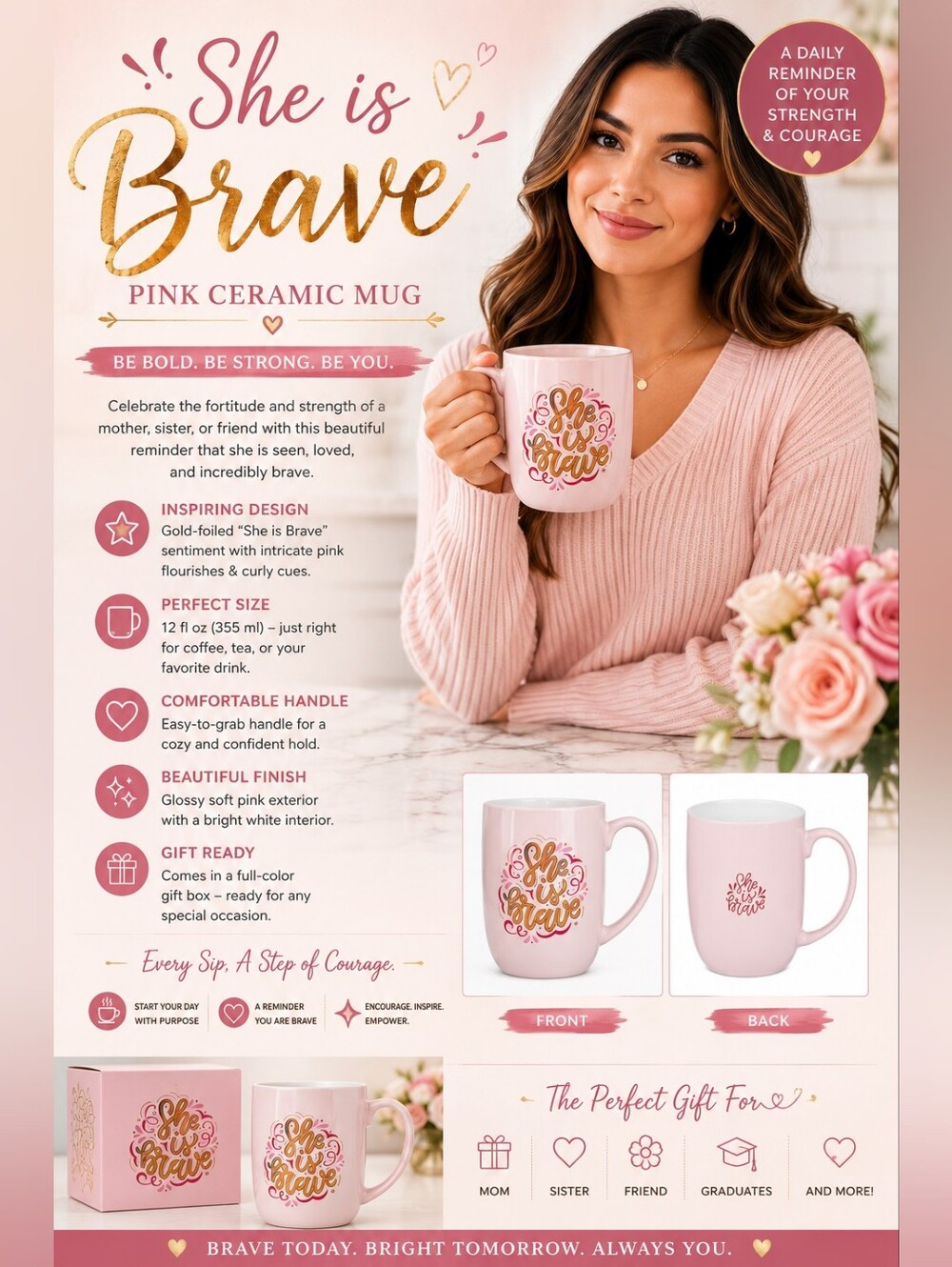 She Is Brave Soft Pink Ceramic Mug | Inspirational Christian Coffee Mug | Faith